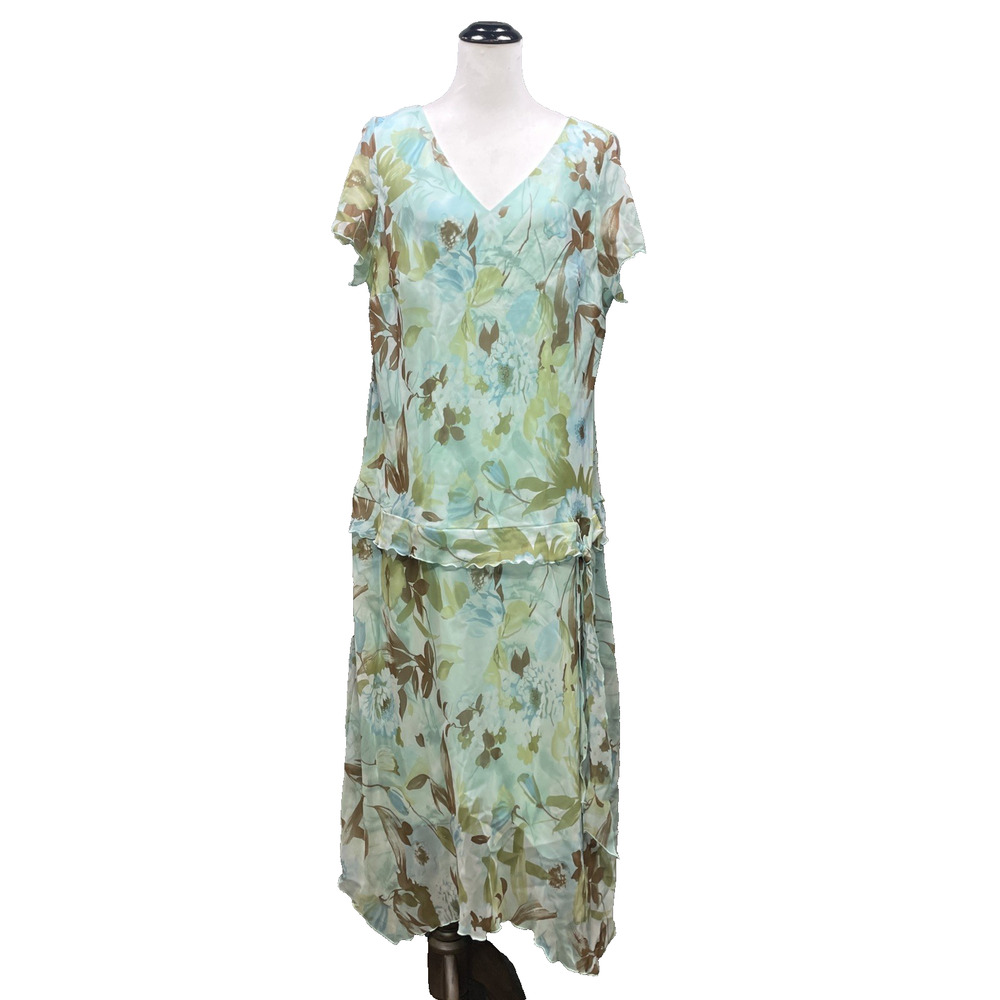 6 Degrees Womens 20W Blue Green Floral Chiffon Dress Stretch Midi Y2K Fairycore